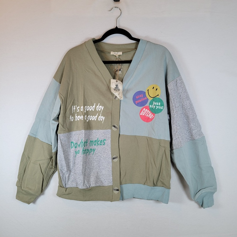 Easel Women Patchwork Button Cardigan Sweater ET22627 Size Large Green